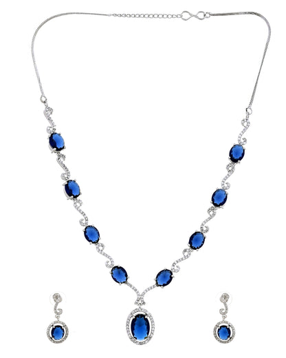 VOJ Silver Plated Oval Blue Stone Studded Ad Jewellery Set