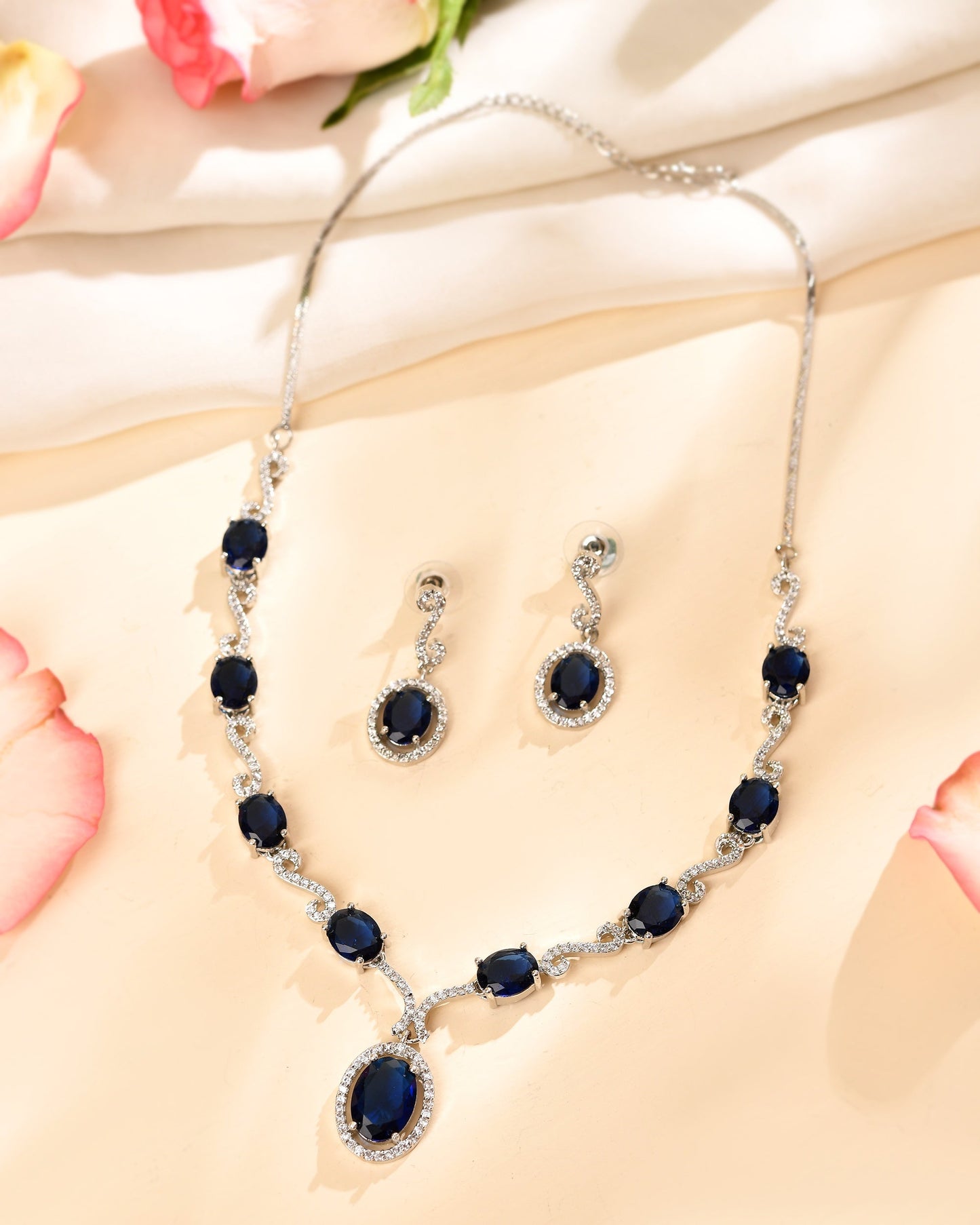 VOJ Silver Plated Oval Blue Stone Studded Ad Jewellery Set
