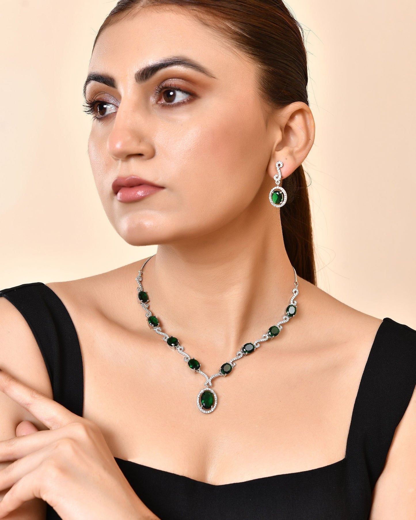 VOJ Silver Plated Oval Green Stone Studded Ad Jewellery Set