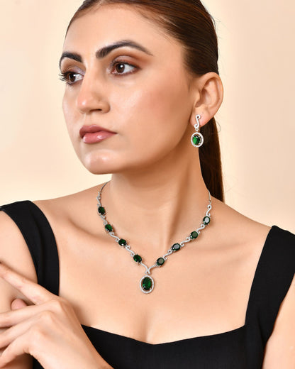 VOJ Silver Plated Oval Green Stone Studded Ad Jewellery Set