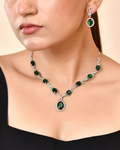 VOJ Silver Plated Oval Green Stone Studded Ad Jewellery Set