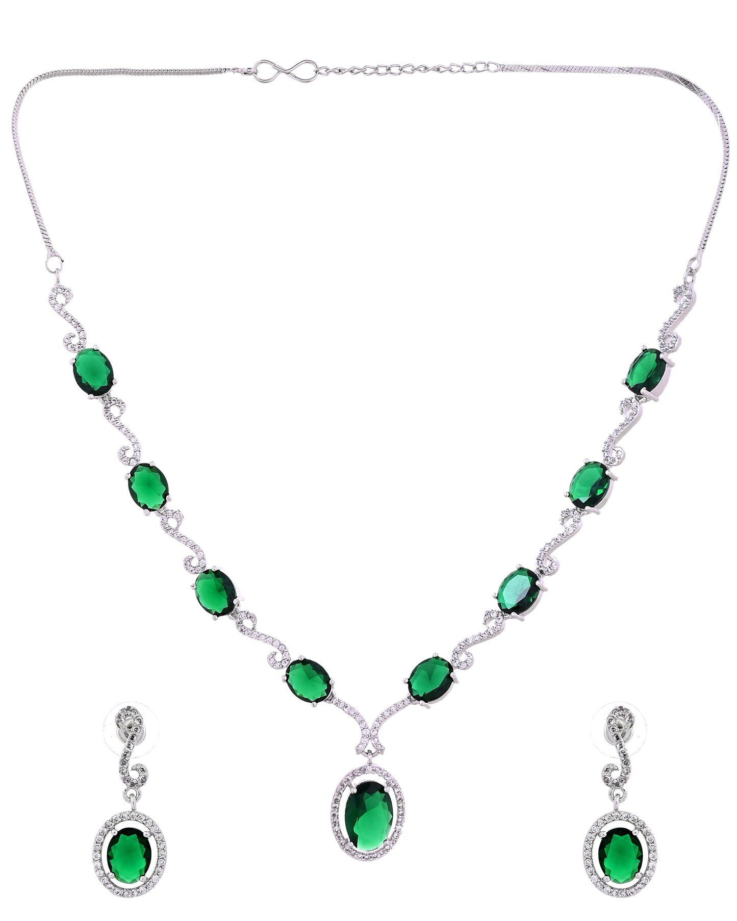 VOJ Silver Plated Oval Green Stone Studded Ad Jewellery Set