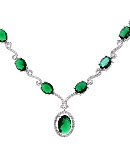 VOJ Silver Plated Oval Green Stone Studded Ad Jewellery Set