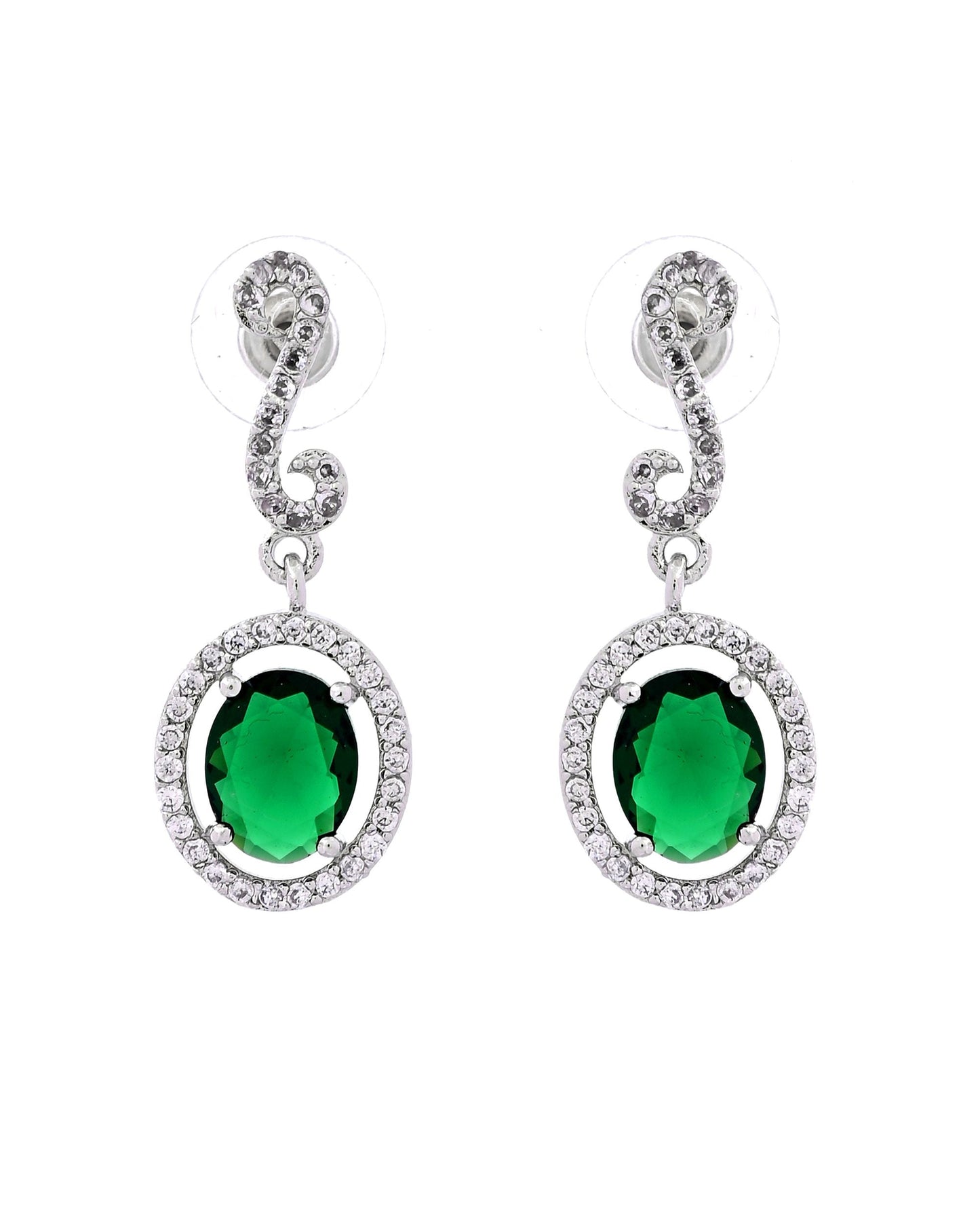 VOJ Silver Plated Oval Green Stone Studded Ad Jewellery Set