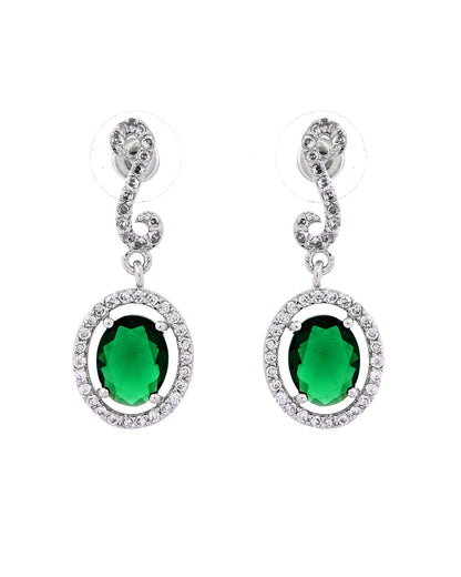VOJ Silver Plated Oval Green Stone Studded Ad Jewellery Set