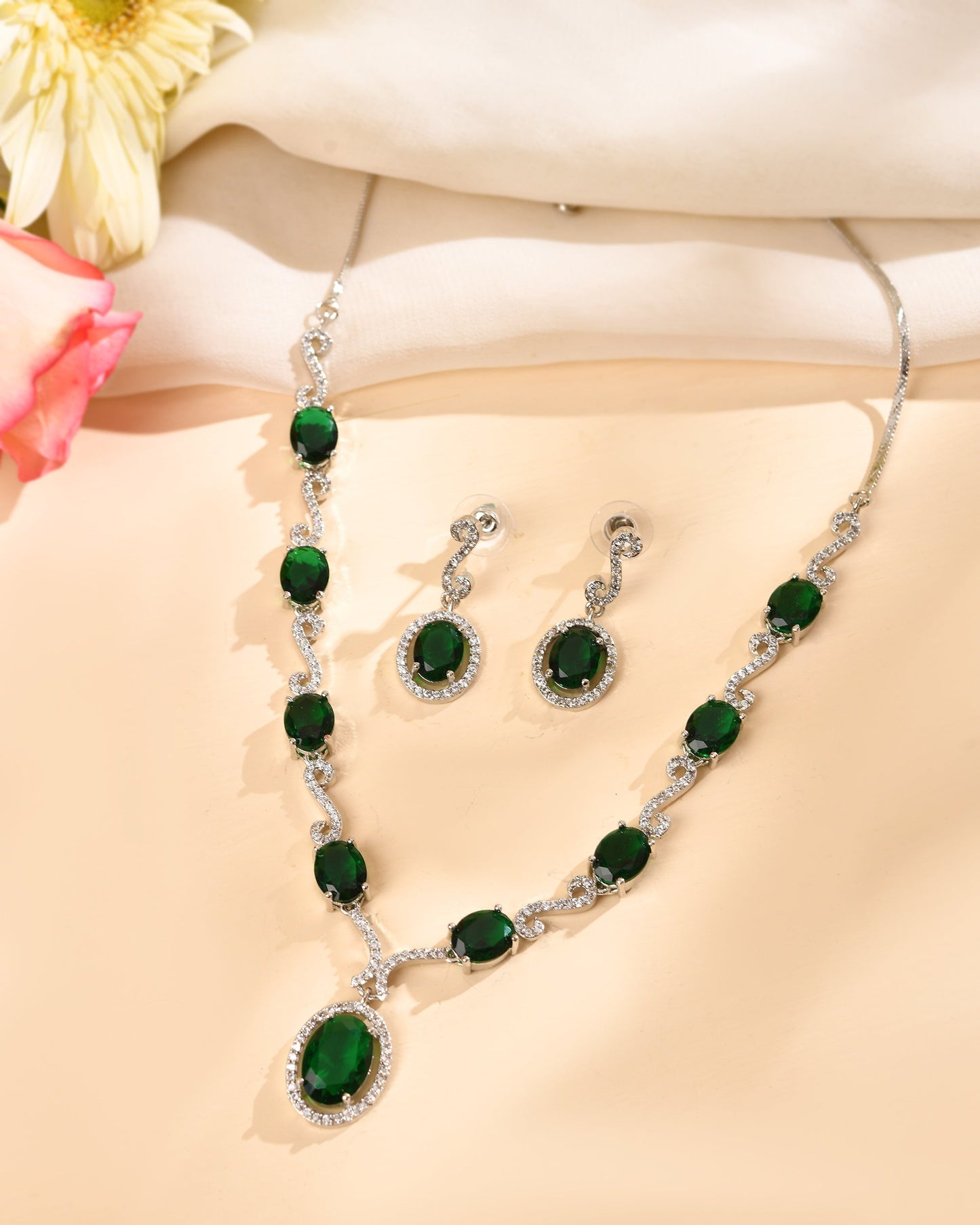 VOJ Silver Plated Oval Green Stone Studded Ad Jewellery Set