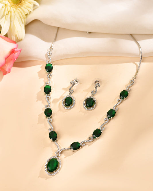 VOJ Silver Plated Oval Green Stone Studded Ad Jewellery Set