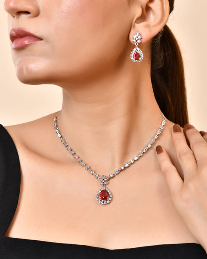VOJ Silver Plated Pink Drop Shaped Stone With Ad Stone Simple Jewellery Set