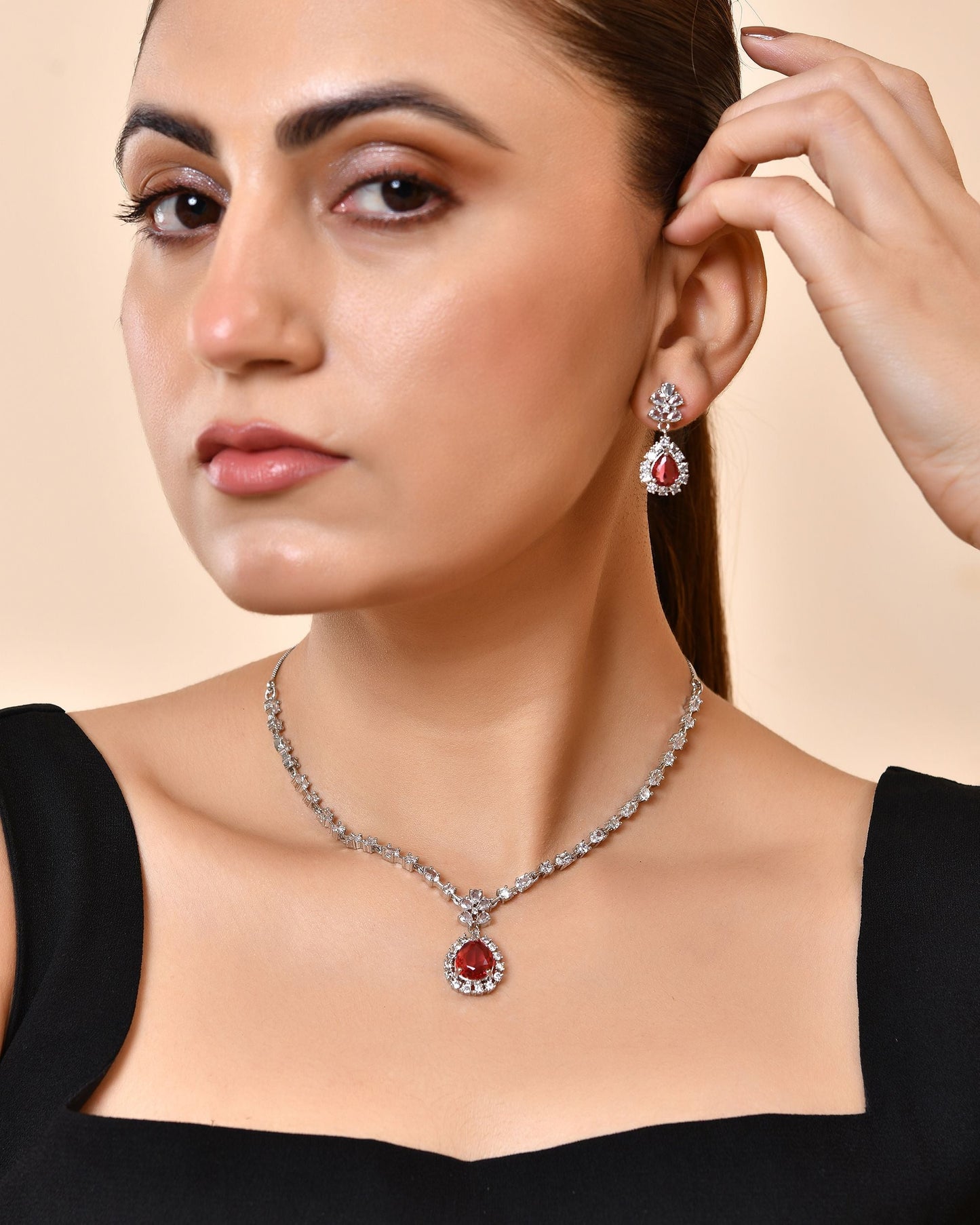 VOJ Silver Plated Pink Drop Shaped Stone With Ad Stone Simple Jewellery Set
