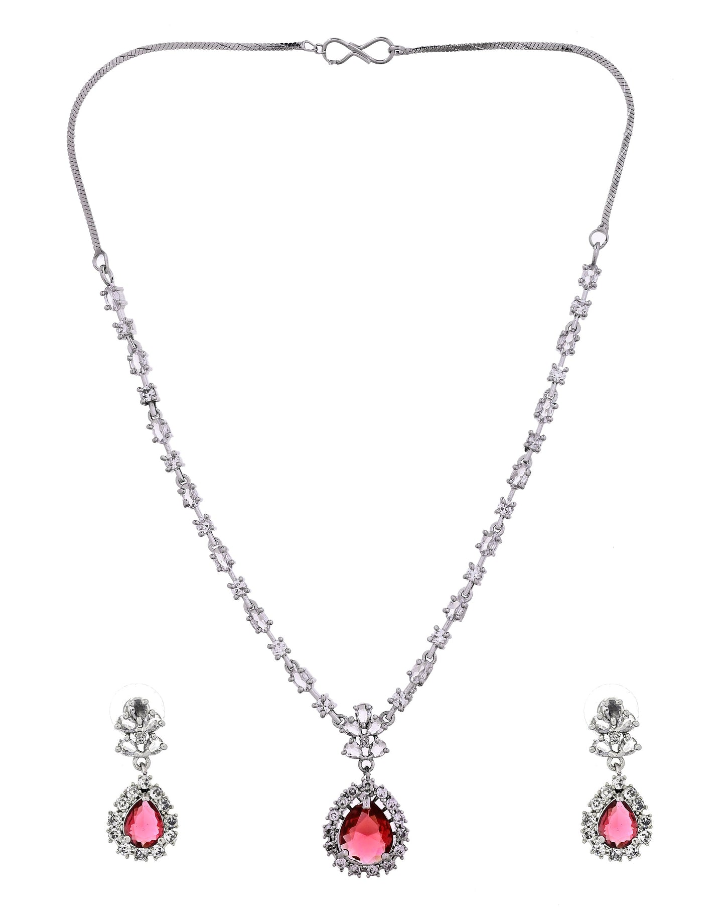 VOJ Silver Plated Pink Drop Shaped Stone With Ad Stone Simple Jewellery Set