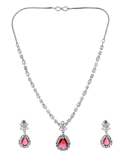 VOJ Silver Plated Pink Drop Shaped Stone With Ad Stone Simple Jewellery Set