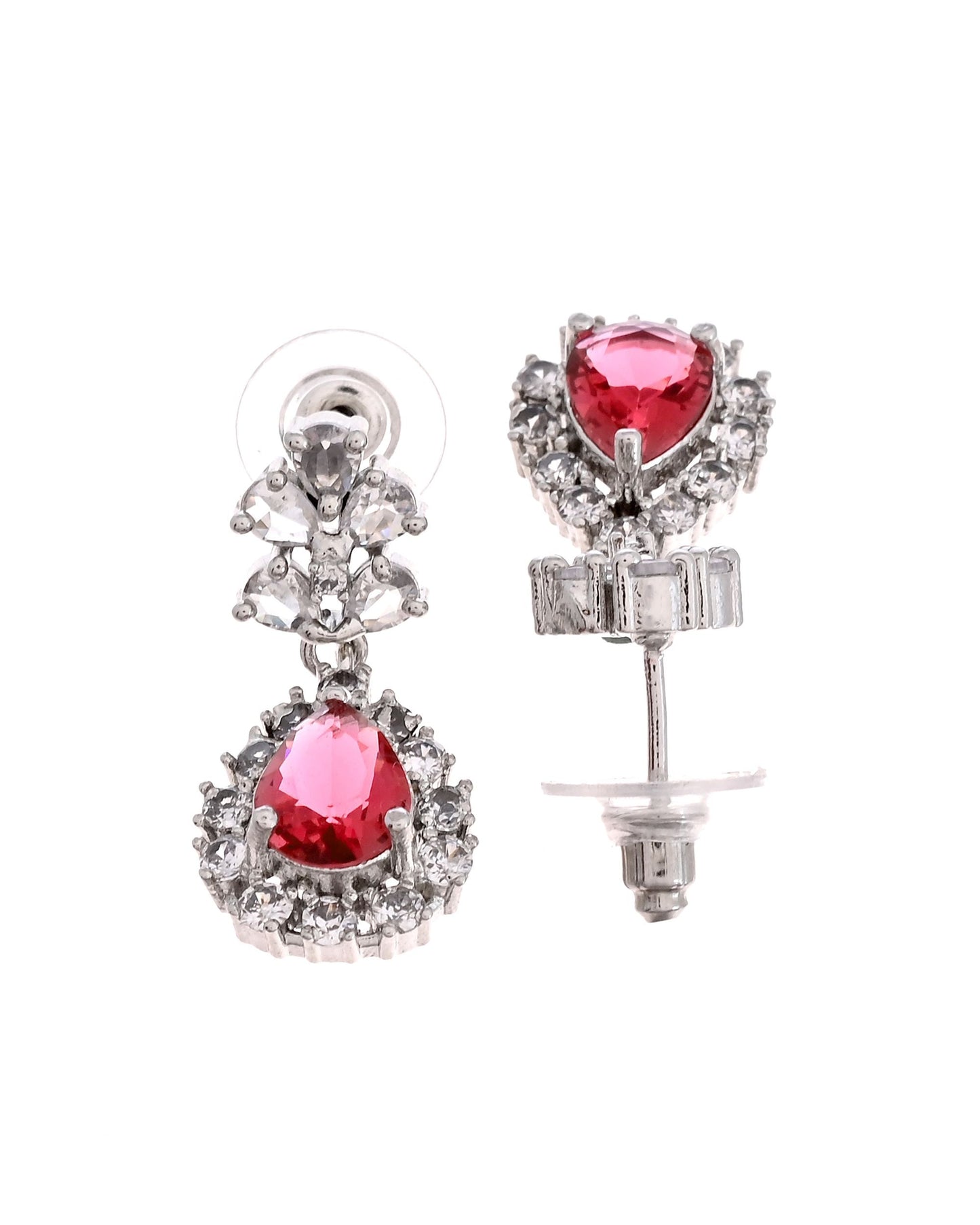VOJ Silver Plated Pink Drop Shaped Stone With Ad Stone Simple Jewellery Set