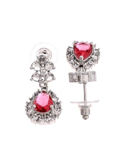 VOJ Silver Plated Pink Drop Shaped Stone With Ad Stone Simple Jewellery Set