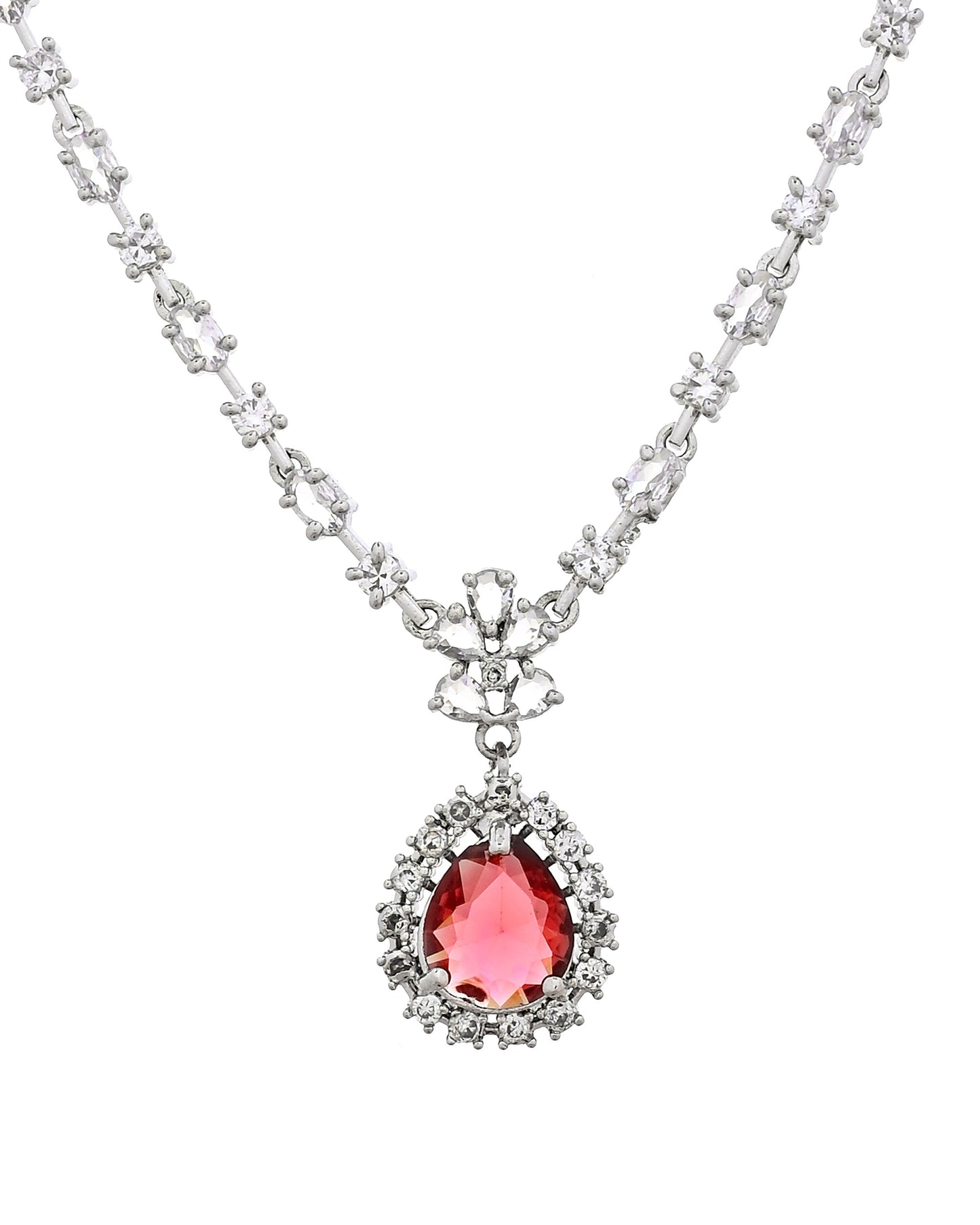 VOJ Silver Plated Pink Drop Shaped Stone With Ad Stone Simple Jewellery Set