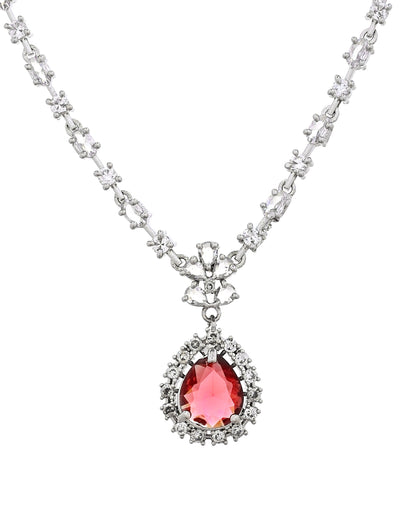 VOJ Silver Plated Pink Drop Shaped Stone With Ad Stone Simple Jewellery Set