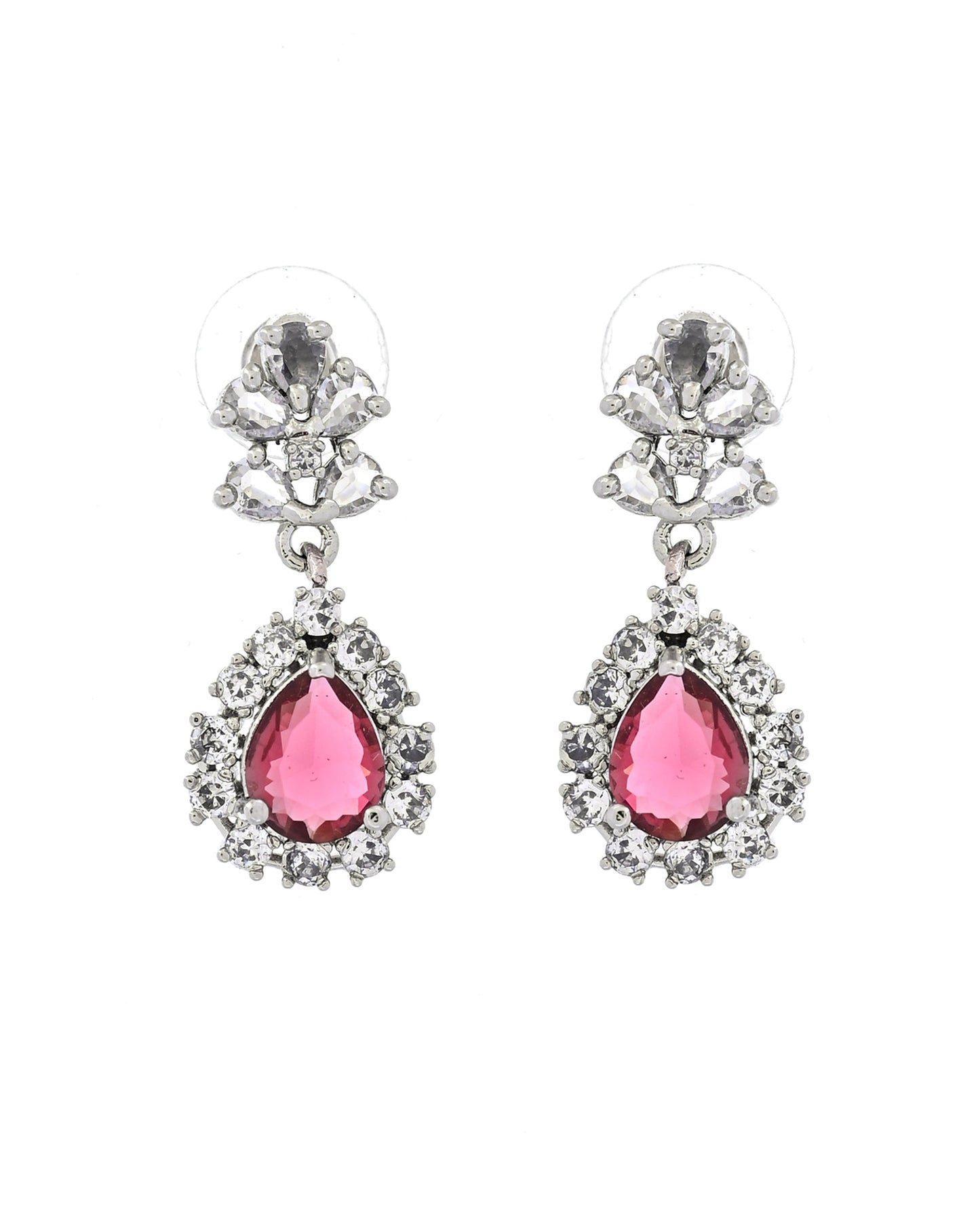 VOJ Silver Plated Pink Drop Shaped Stone With Ad Stone Simple Jewellery Set