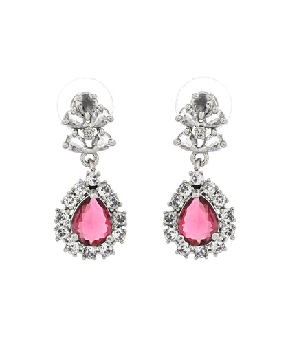 VOJ Silver Plated Pink Drop Shaped Stone With Ad Stone Simple Jewellery Set