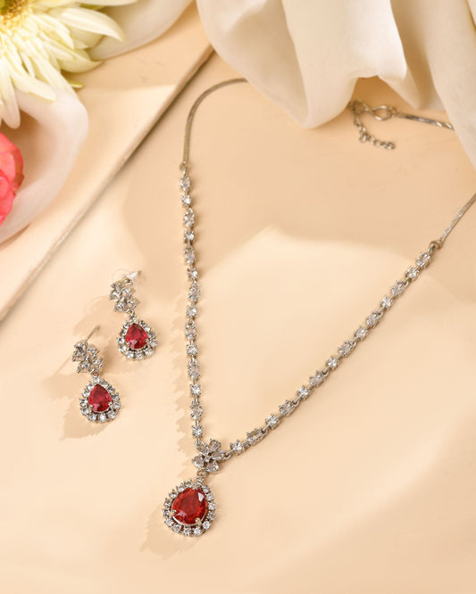 VOJ Silver Plated Pink Drop Shaped Stone With Ad Stone Simple Jewellery Set