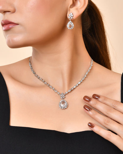 VOJ Silver Plated Drop Shaped Stone With Ad Stone Simple Jewellery Set