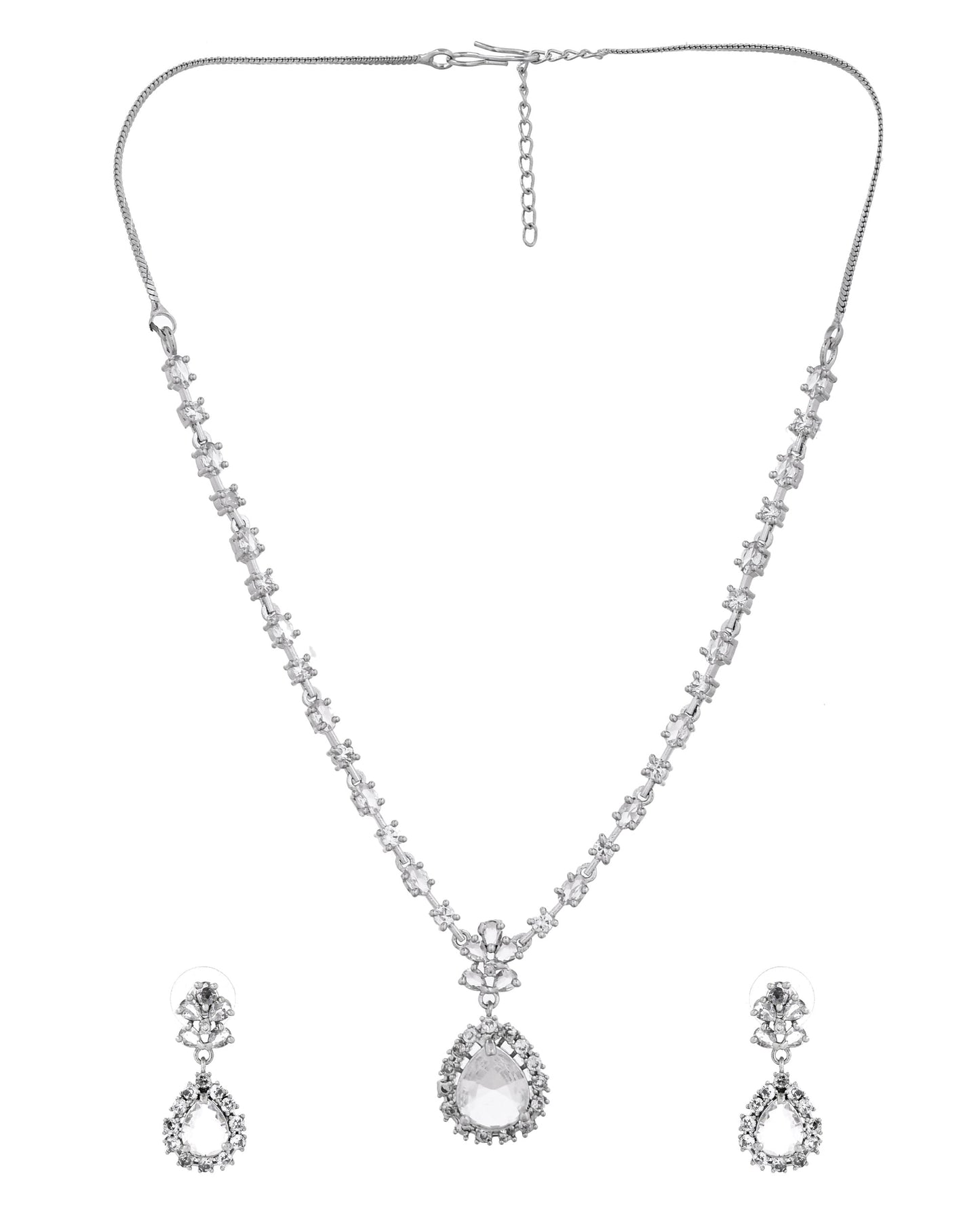 VOJ Silver Plated Drop Shaped Stone With Ad Stone Simple Jewellery Set