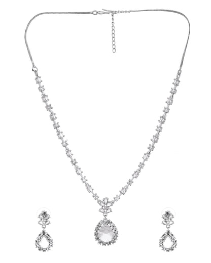 VOJ Silver Plated Drop Shaped Stone With Ad Stone Simple Jewellery Set