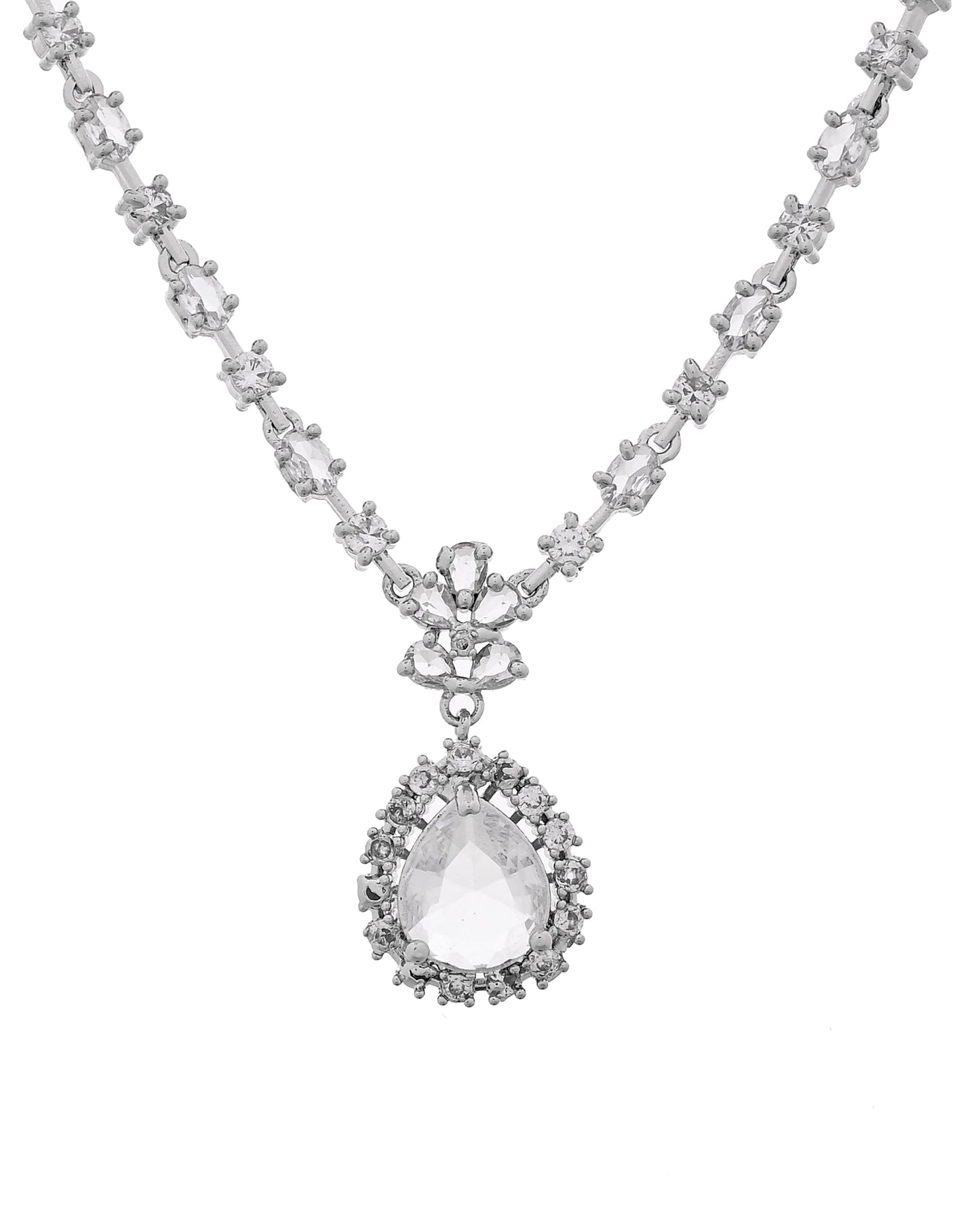 VOJ Silver Plated Drop Shaped Stone With Ad Stone Simple Jewellery Set