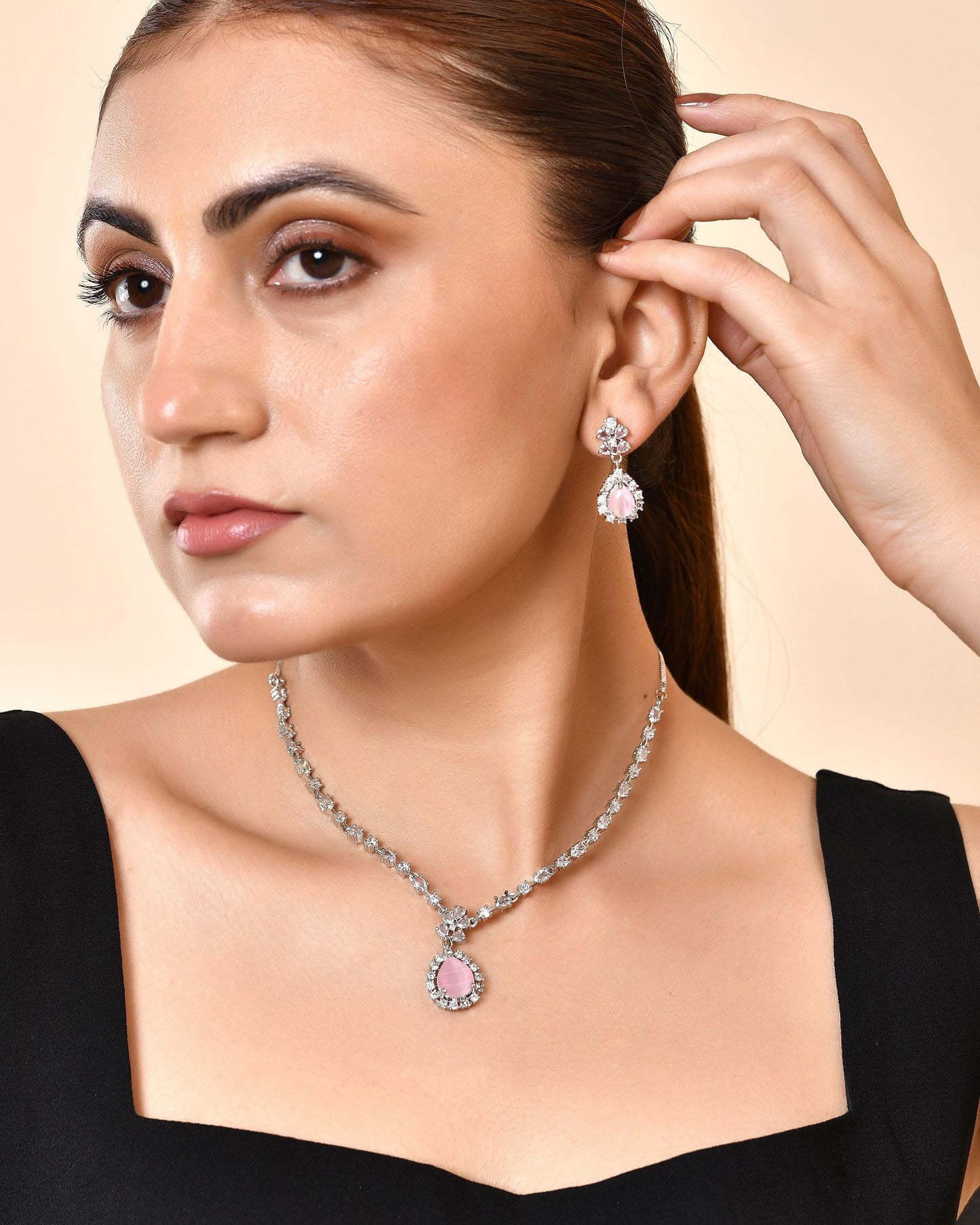 VOJ Silver Plated Baby Pink Drop Shaped Stone With Ad Stone Simple Jewellery Set