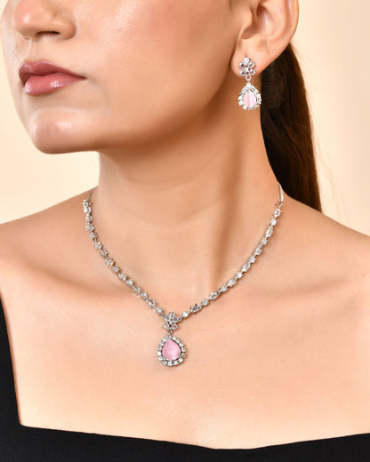 VOJ Silver Plated Baby Pink Drop Shaped Stone With Ad Stone Simple Jewellery Set