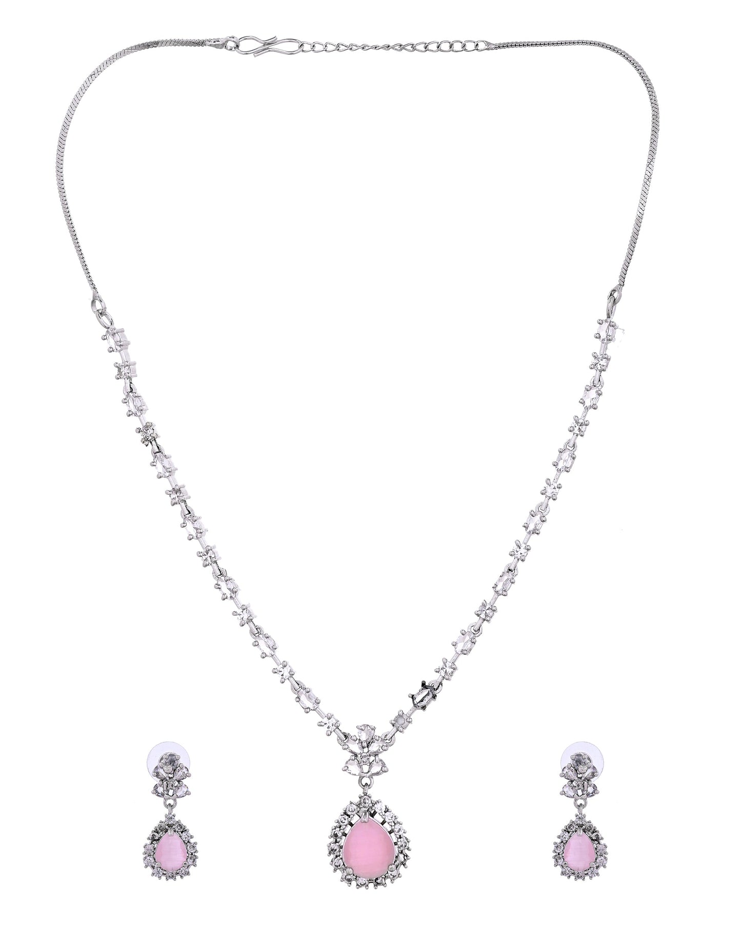 VOJ Silver Plated Baby Pink Drop Shaped Stone With Ad Stone Simple Jewellery Set