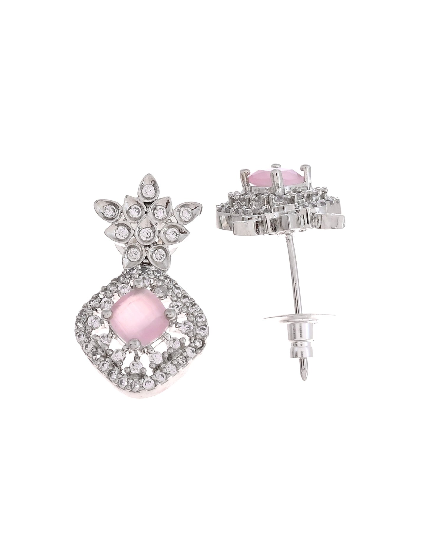 VOJ Silver Plated Baby Pink Drop Shaped Stone With Ad Stone Simple Jewellery Set