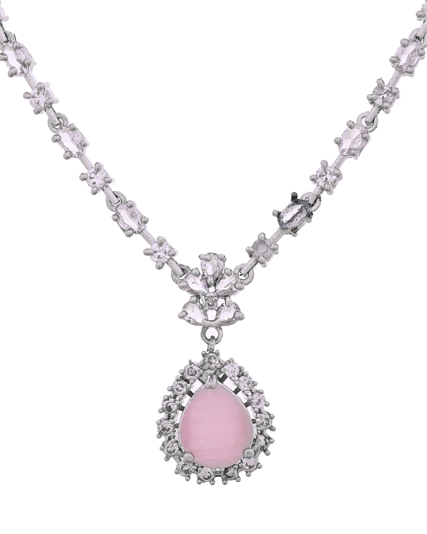 VOJ Silver Plated Baby Pink Drop Shaped Stone With Ad Stone Simple Jewellery Set