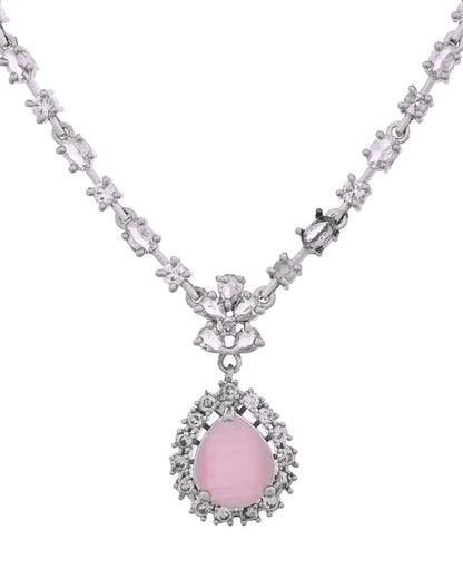 VOJ Silver Plated Baby Pink Drop Shaped Stone With Ad Stone Simple Jewellery Set