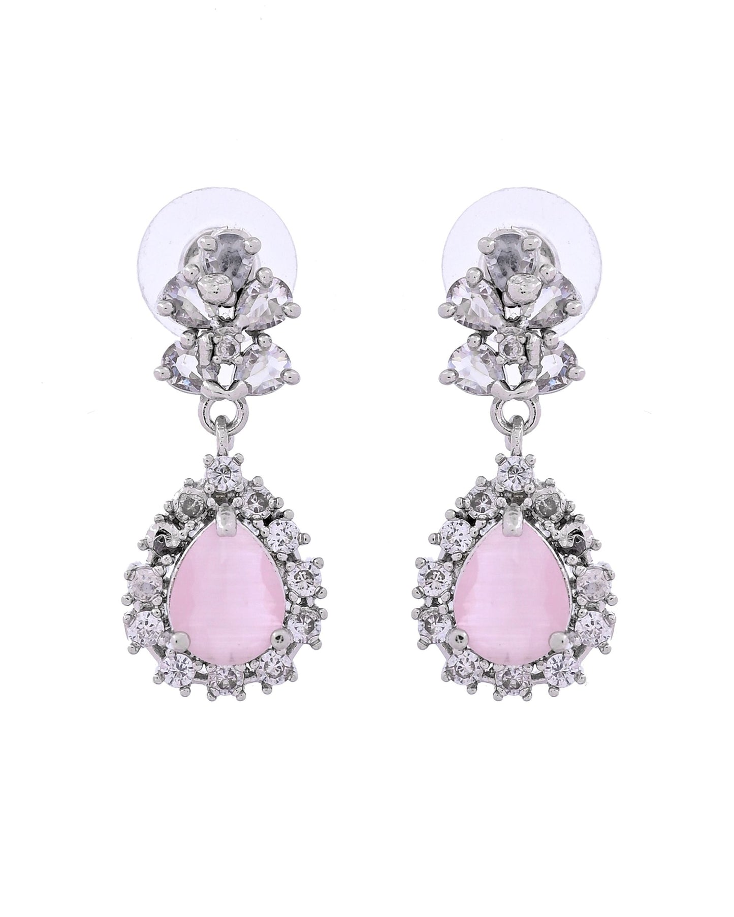 VOJ Silver Plated Baby Pink Drop Shaped Stone With Ad Stone Simple Jewellery Set