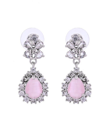 VOJ Silver Plated Baby Pink Drop Shaped Stone With Ad Stone Simple Jewellery Set