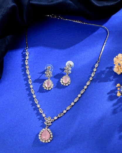 VOJ Silver Plated Baby Pink Drop Shaped Stone With Ad Stone Simple Jewellery Set