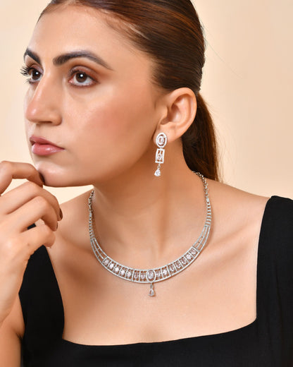 VOJ Silver Toned Sea Green Cz Stone Studded Designer Necklace Set