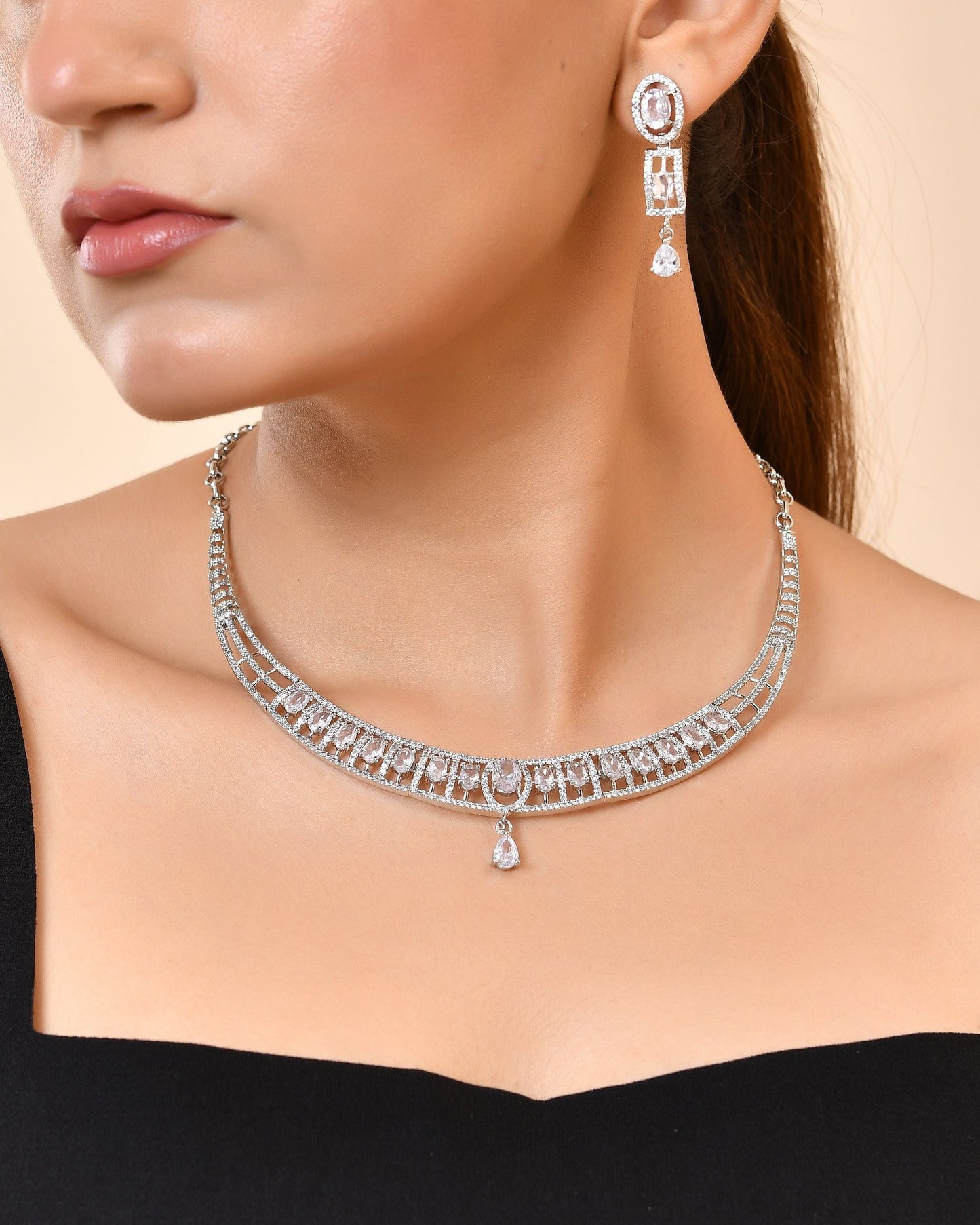 VOJ Silver Toned Sea Green Cz Stone Studded Designer Necklace Set