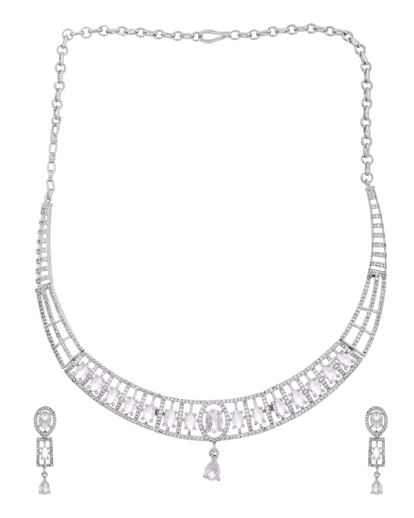 VOJ Silver Toned Sea Green Cz Stone Studded Designer Necklace Set