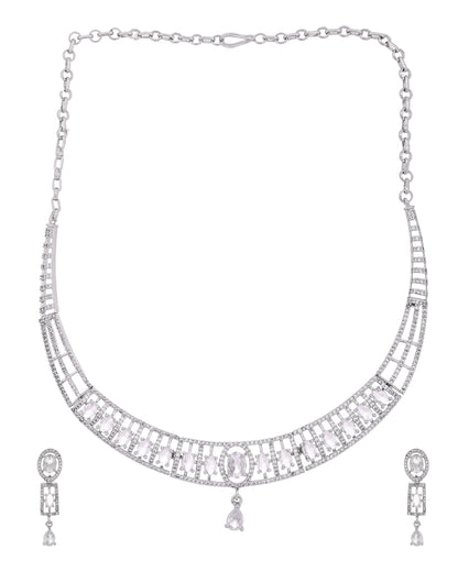 VOJ Silver Toned Sea Green Cz Stone Studded Designer Necklace Set