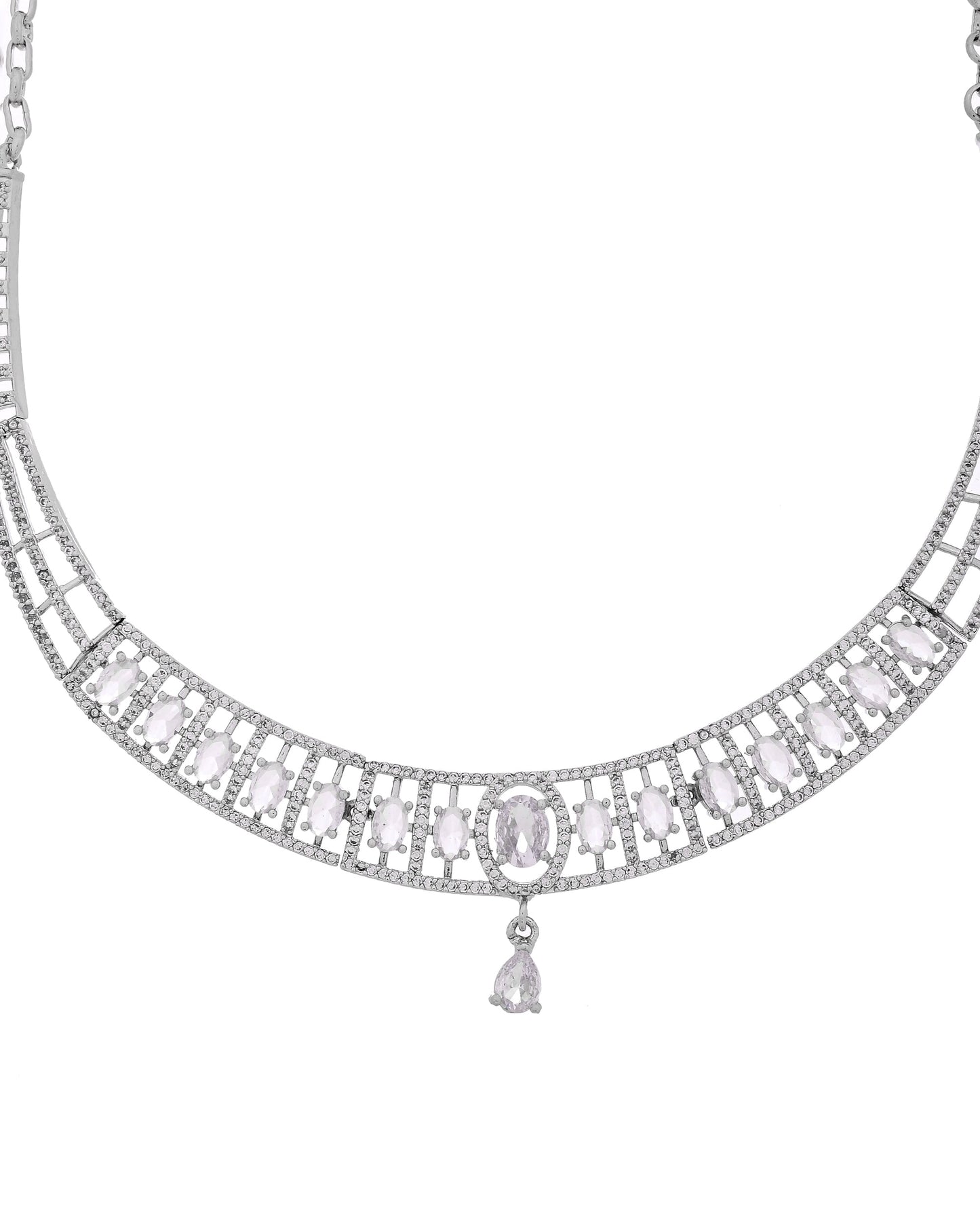VOJ Silver Toned Sea Green Cz Stone Studded Designer Necklace Set