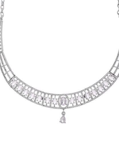 VOJ Silver Toned Sea Green Cz Stone Studded Designer Necklace Set