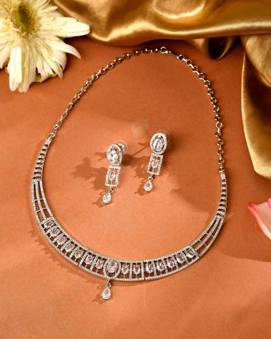 VOJ Silver Toned Sea Green Cz Stone Studded Designer Necklace Set