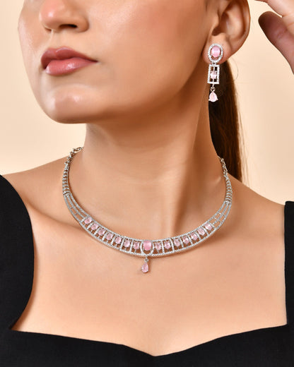 VOJ Silver Toned Baby Pink Cz Stone Studded Designer Necklace Set