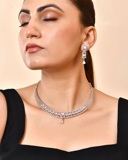 VOJ Silver Toned Baby Pink Cz Stone Studded Designer Necklace Set