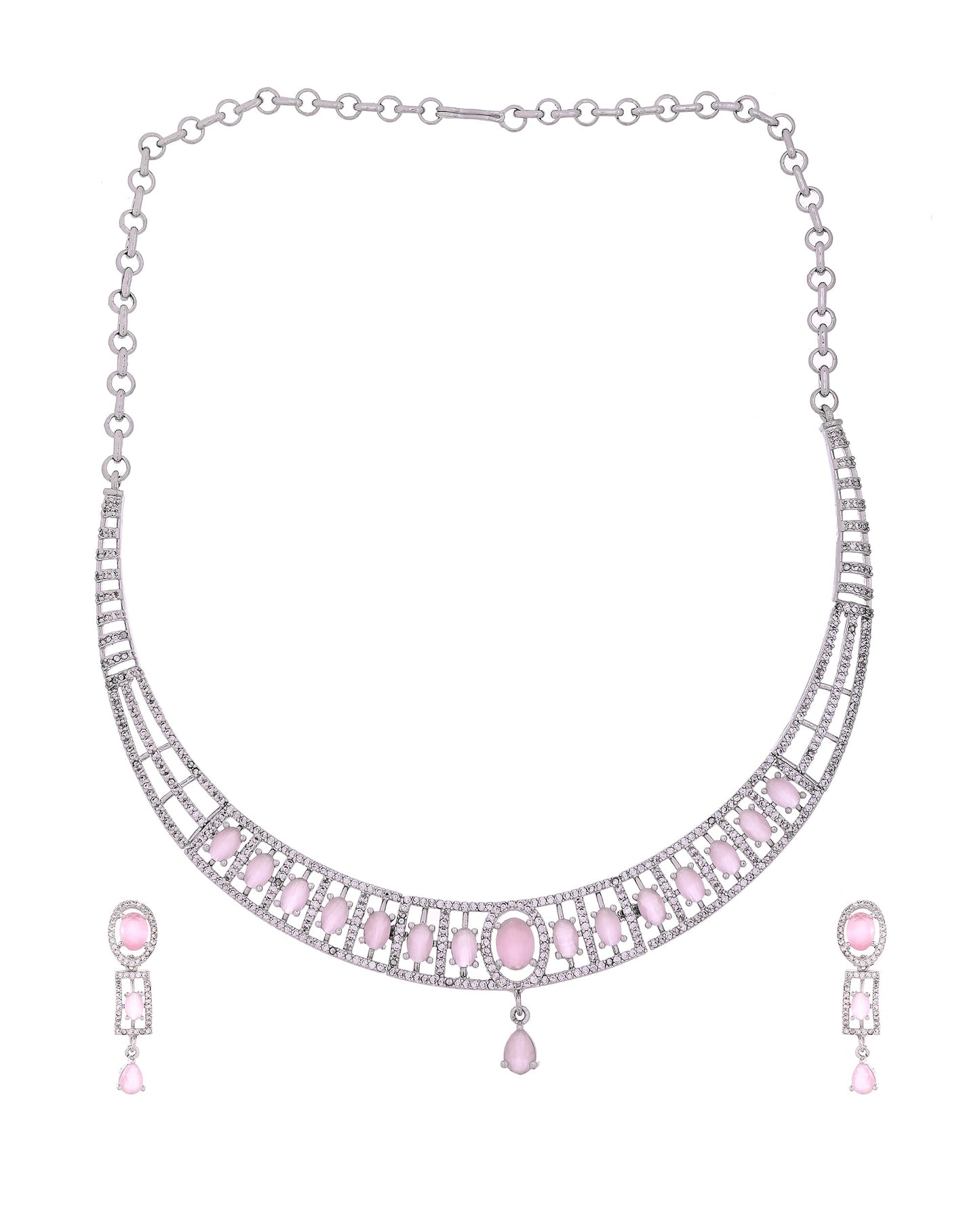 VOJ Silver Toned Baby Pink Cz Stone Studded Designer Necklace Set