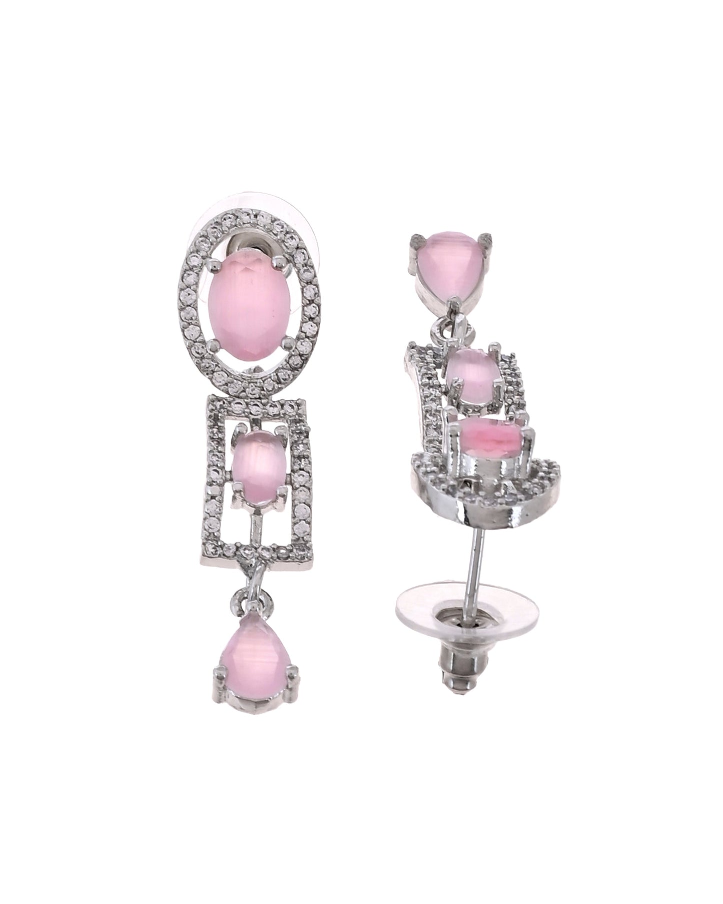 VOJ Silver Toned Baby Pink Cz Stone Studded Designer Necklace Set