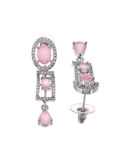 VOJ Silver Toned Baby Pink Cz Stone Studded Designer Necklace Set
