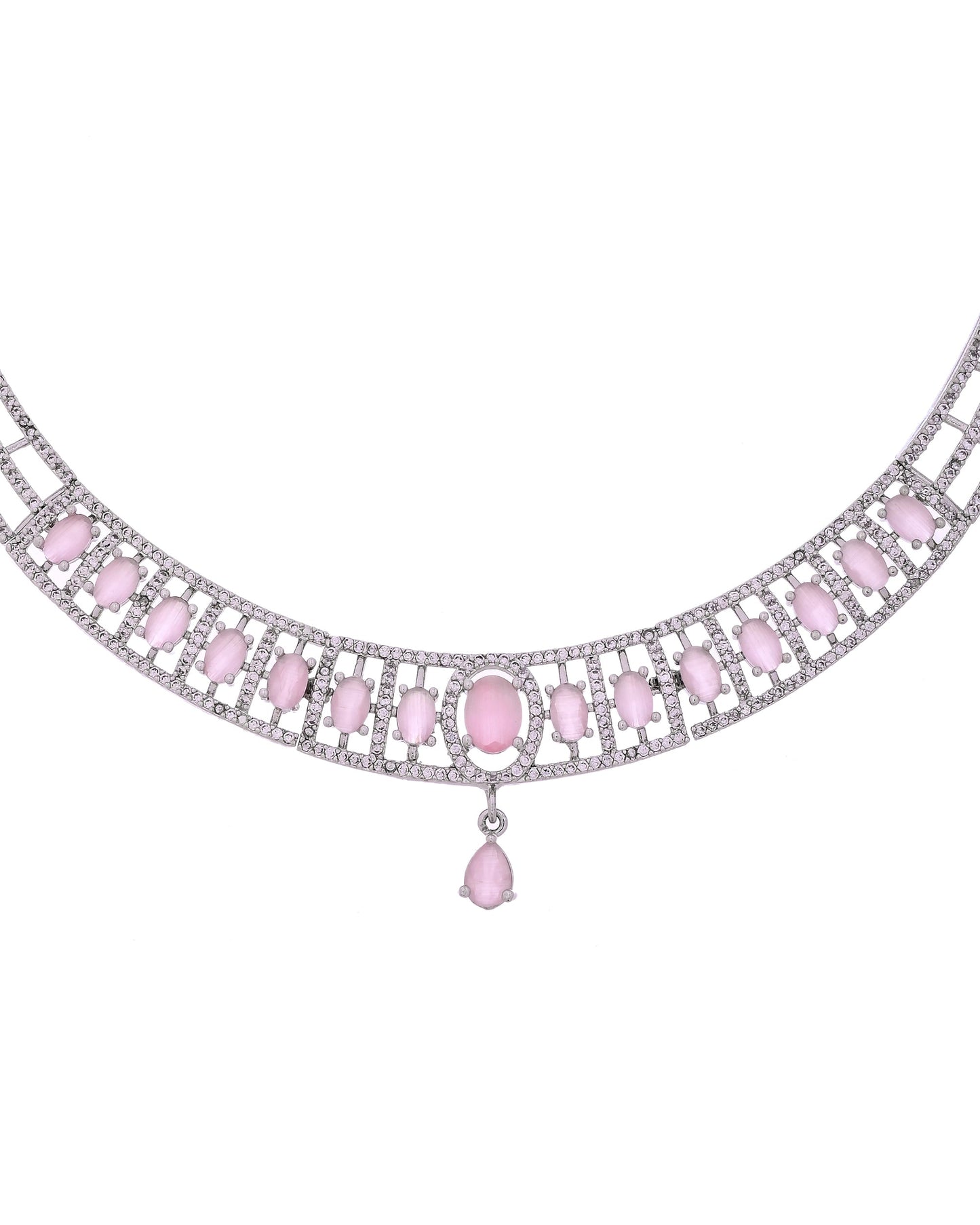 VOJ Silver Toned Baby Pink Cz Stone Studded Designer Necklace Set