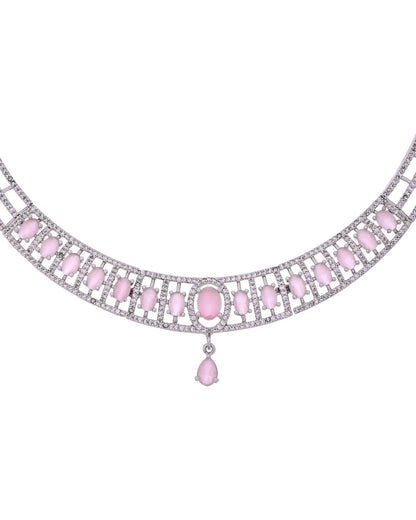 VOJ Silver Toned Baby Pink Cz Stone Studded Designer Necklace Set