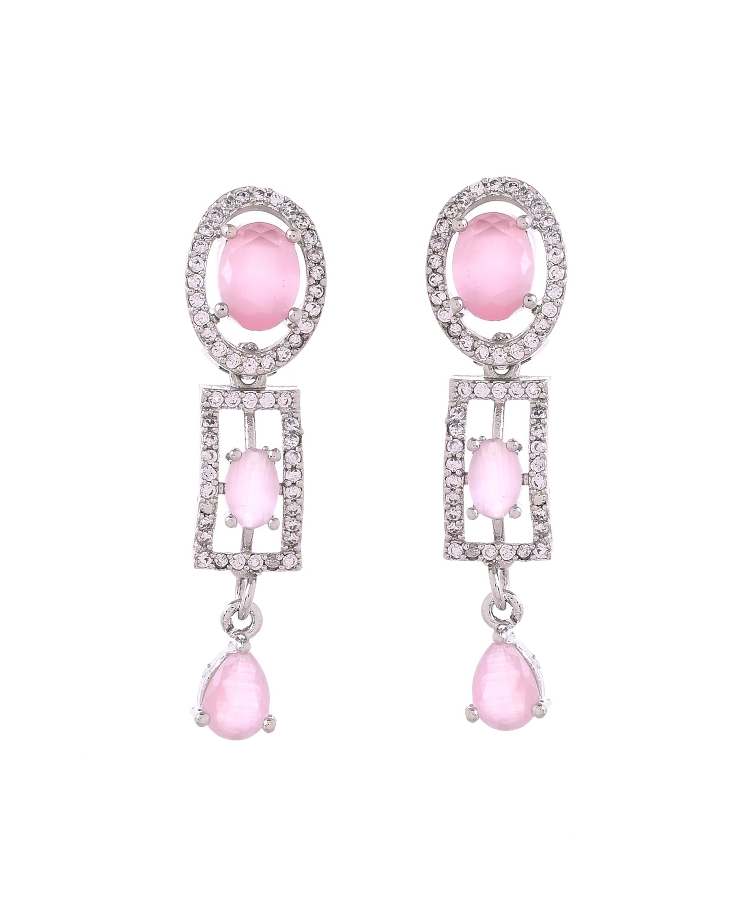 VOJ Silver Toned Baby Pink Cz Stone Studded Designer Necklace Set